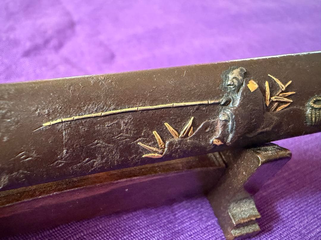 江戸後期　鉄地棒小柄象嵌色絵　太公望図　鞘付珍品（日本刀装具小刀目貫鐔鐔拵笄馬針