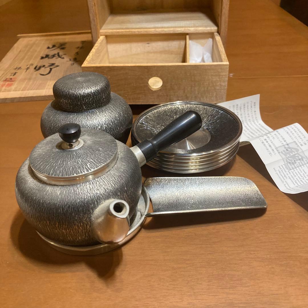 嵯峨野 本錫 手造り 茶器揃い 共箱付 急須 茶壺 茶托 茶合 受皿 木箱