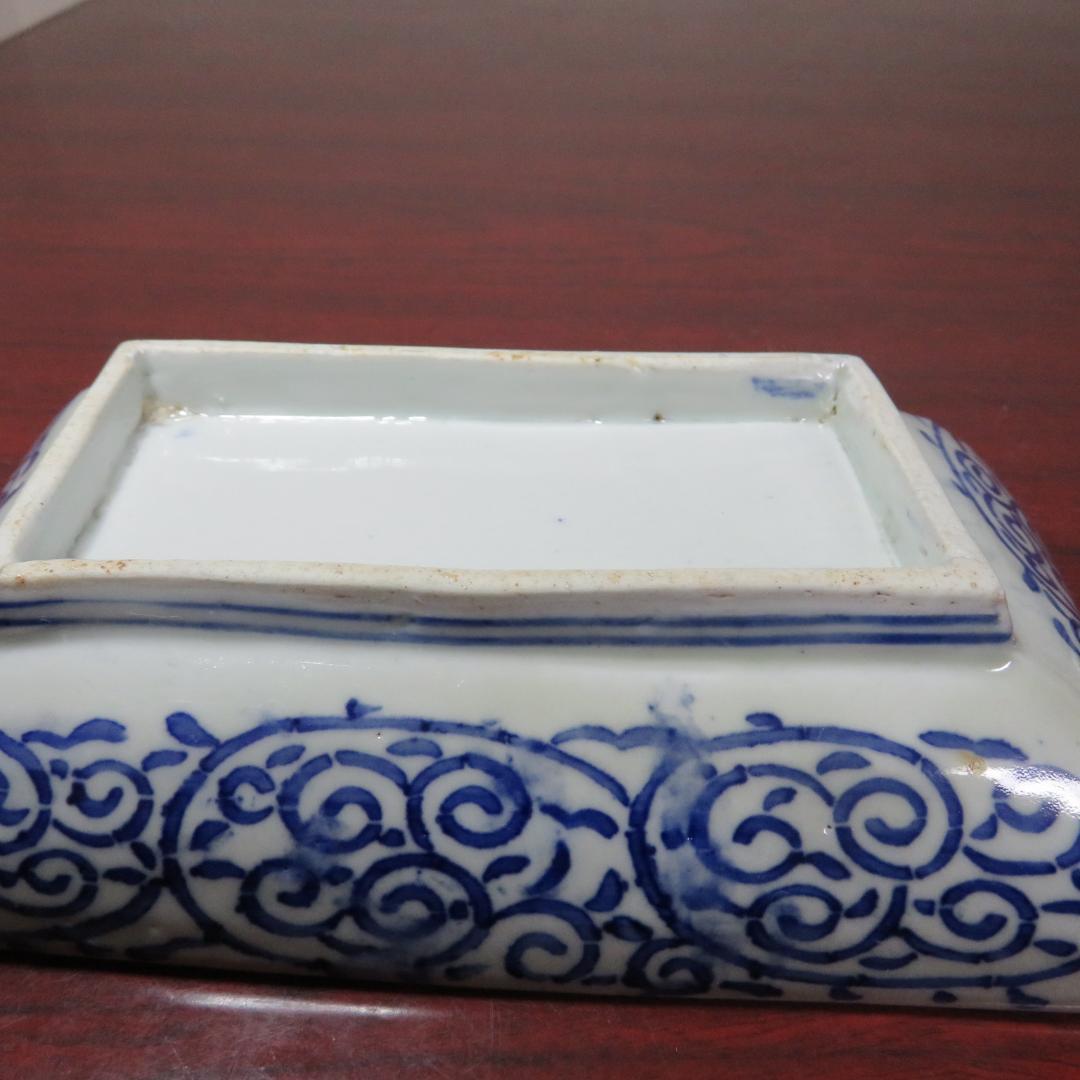 角皿 角長皿 印判 染付 微塵唐草 明治 大正 ベロ藍 松竹梅 窯傷