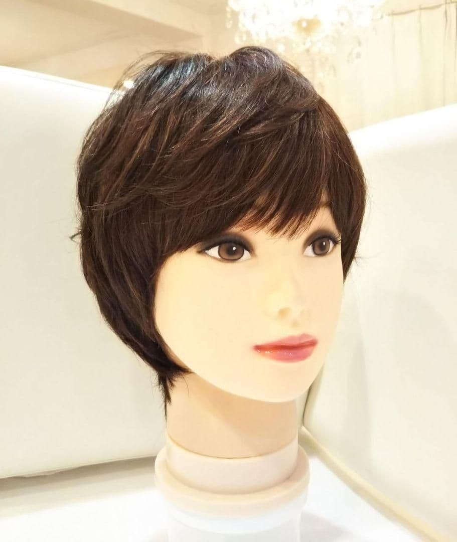 人毛100%総手植え地肌つむじ✨天地真理❣️さら艶髪！ふんわり美人ショート✨