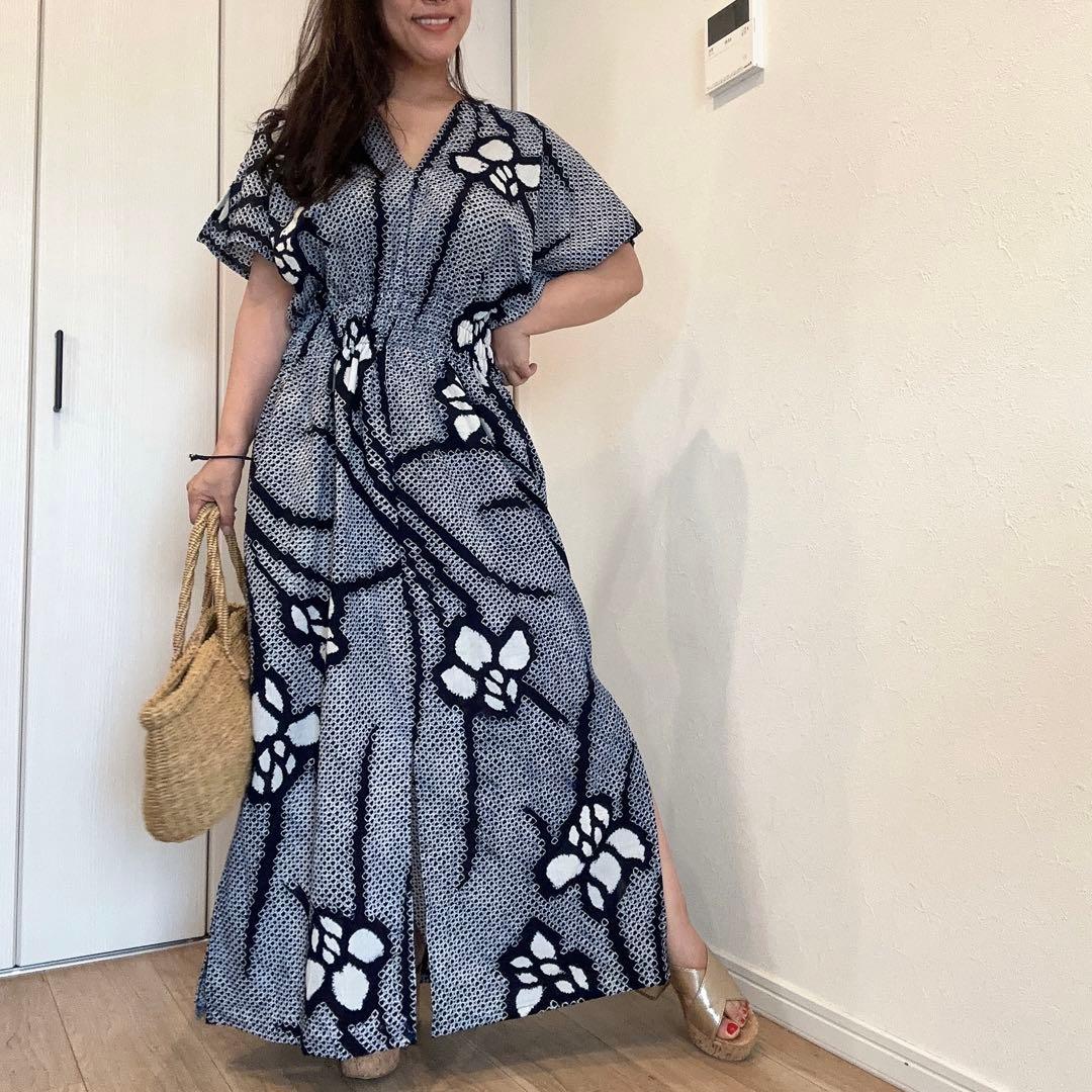 浴衣　リメイク　有松絞り　ワンピ ハンドメイド　ロング　シンプル　単色　あやめ