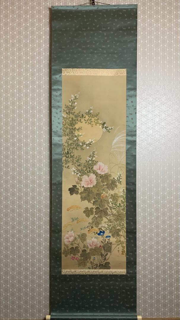 谷口月窓 月に萩 秋草花に飛蝗図 絹本 肉筆 掛軸 日本画 幕末期 896