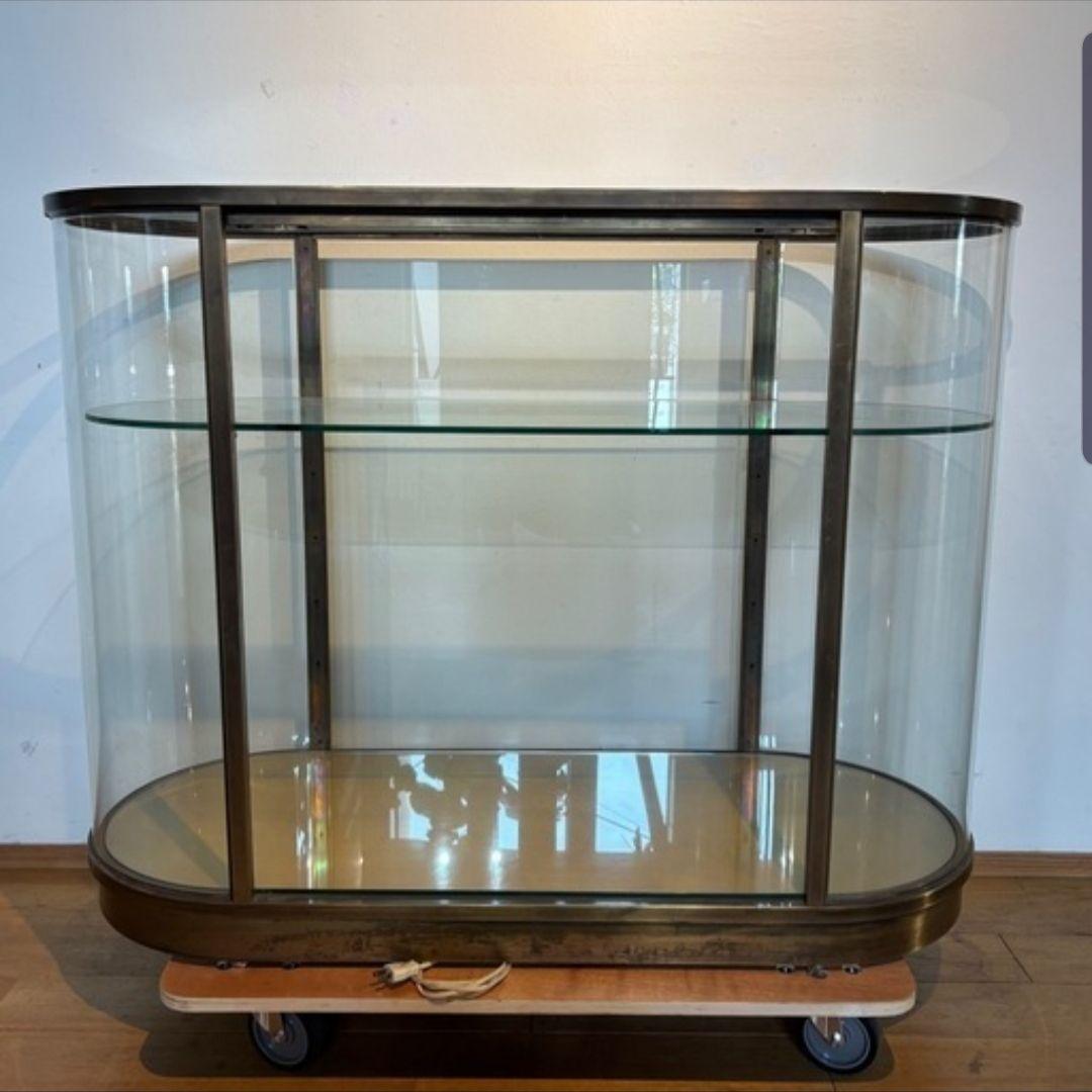 引き取り限定 ビンテージ 楕円形 ライト付き 真鍮 ガラス ショーケース 飾り棚