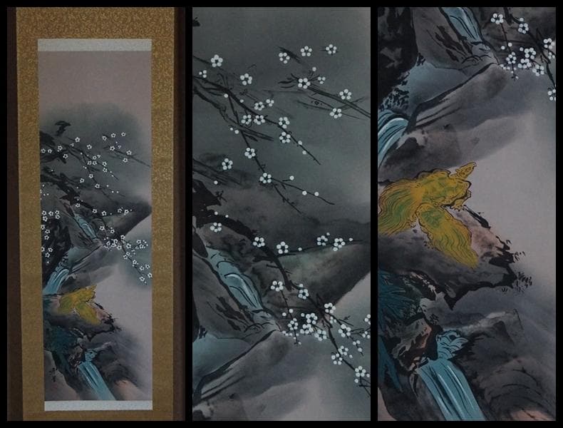 江戸期 狩野芳崖作『寿老鶴亀之図』肉筆 新作 絹本 日本画家作品 掛軸 共箱