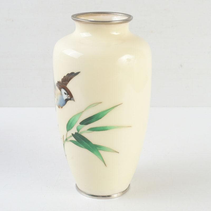 七宝焼　白釉　草鳥文　花瓶　時代箱　V　9663