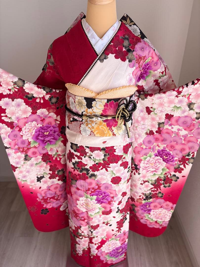 可愛い♡振袖フルセット（７点）　正絹　成人式　白・赤系