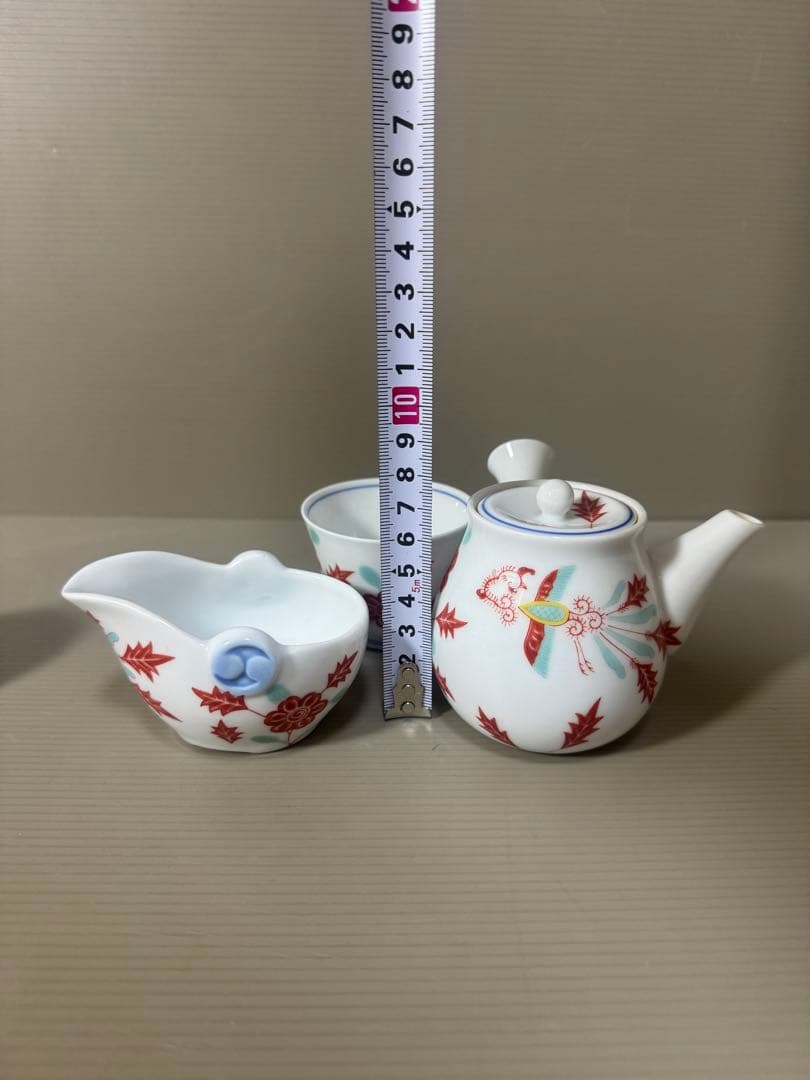2171 深川製磁　赤絵花草　茶器セット　急須1客　湯冷し1客　湯呑5客