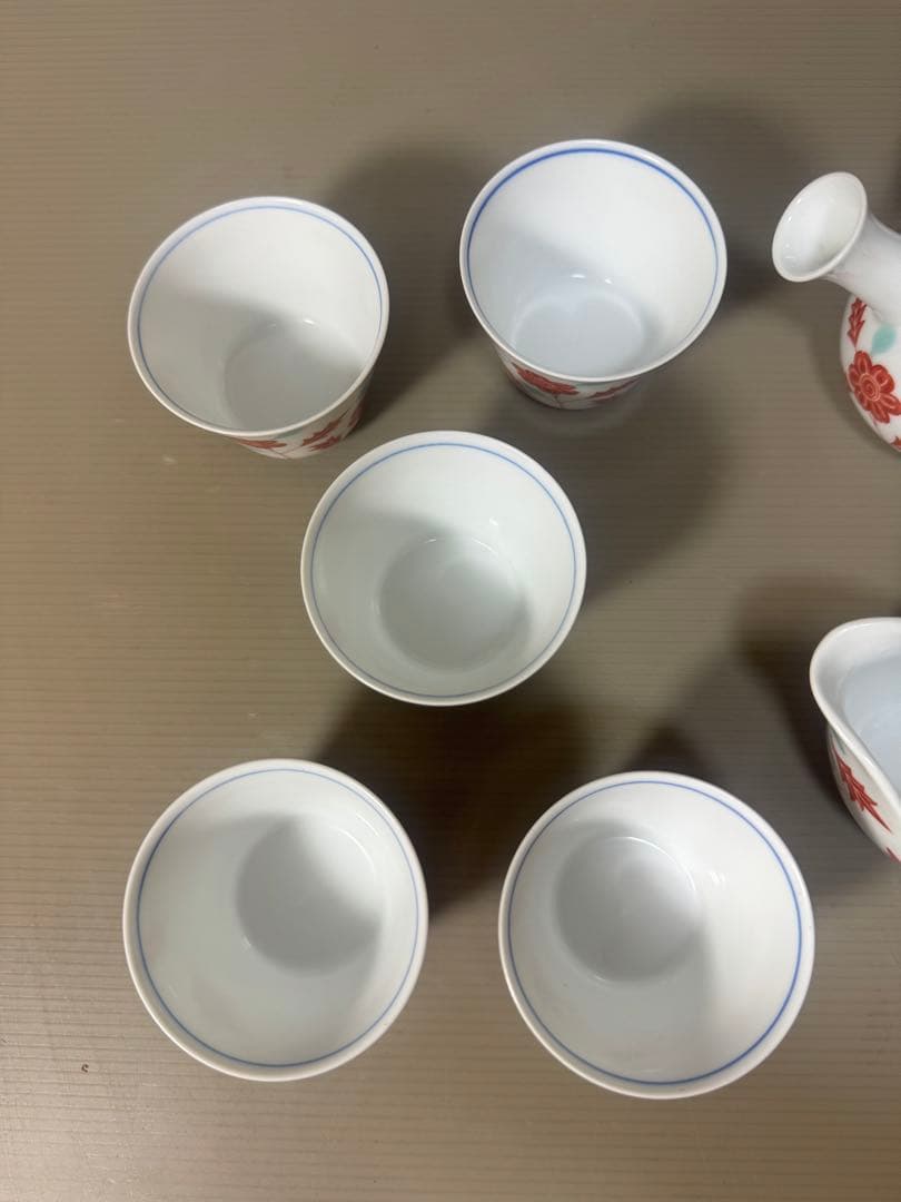 2171 深川製磁　赤絵花草　茶器セット　急須1客　湯冷し1客　湯呑5客