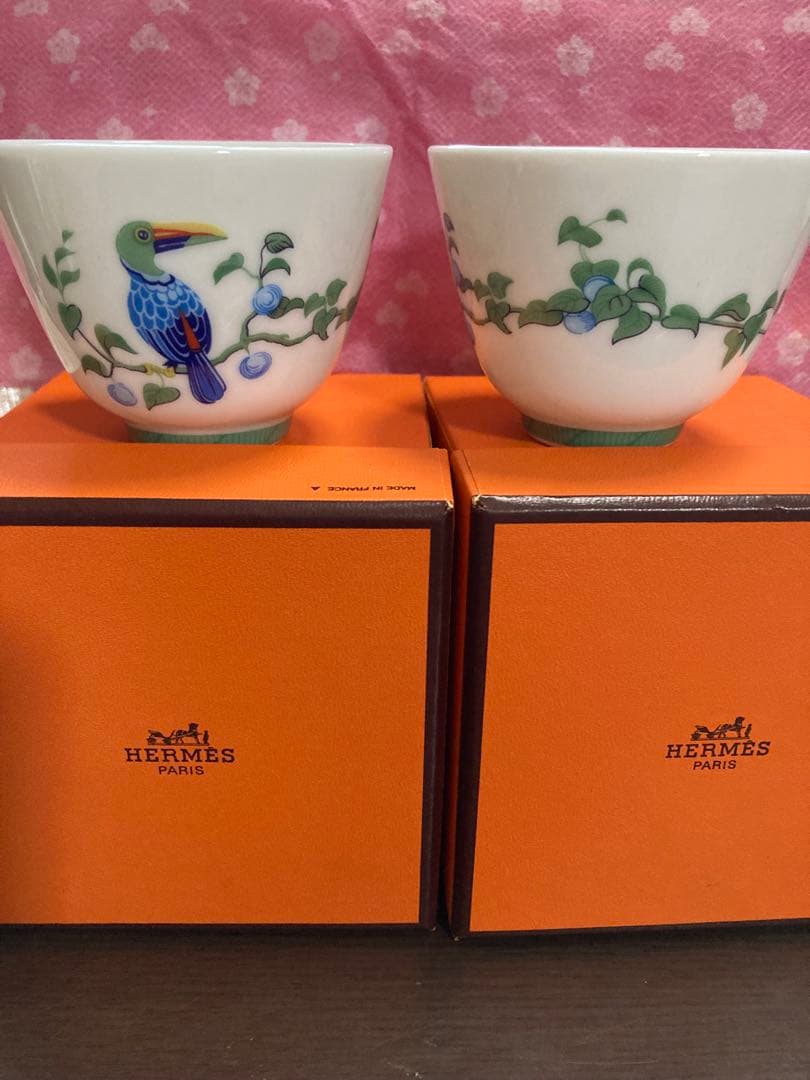 レア希少　HERMES ＊Toucans鳥の絵柄カップ2個箱付きセット