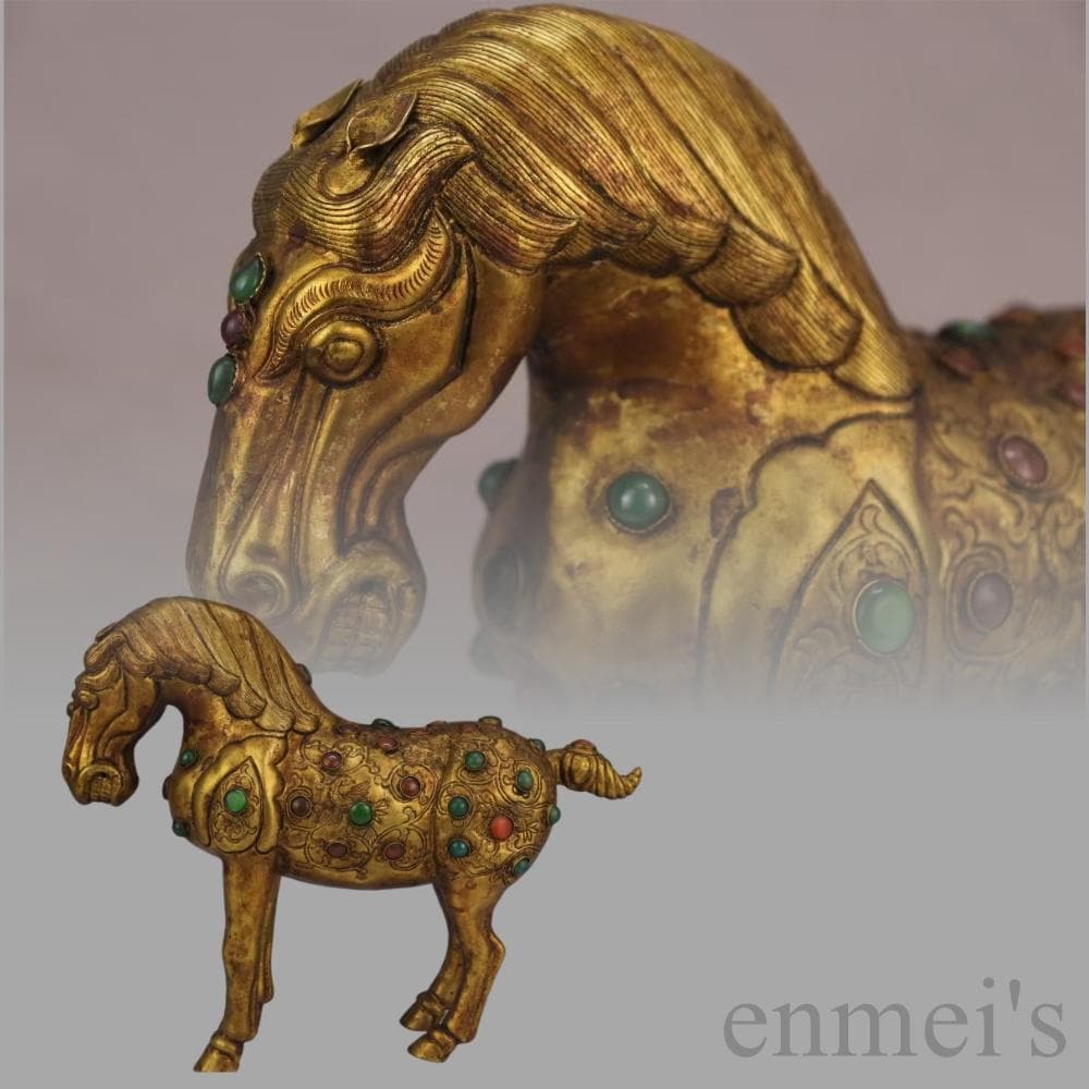 中国古美術 旧蔵 鍍金銅馬 精銅製 鍍金装飾 彫刻馬像 置物 純手作り 古美味