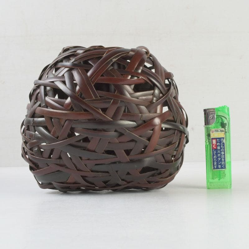 茶道具　竹峰造　古竹細工　鳳尾竹　掛花籠　竹籠　共箱　V　9784