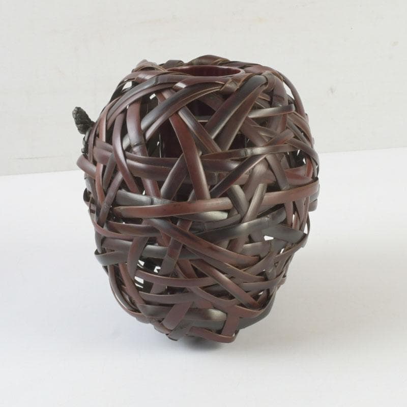 茶道具　竹峰造　古竹細工　鳳尾竹　掛花籠　竹籠　共箱　V　9784