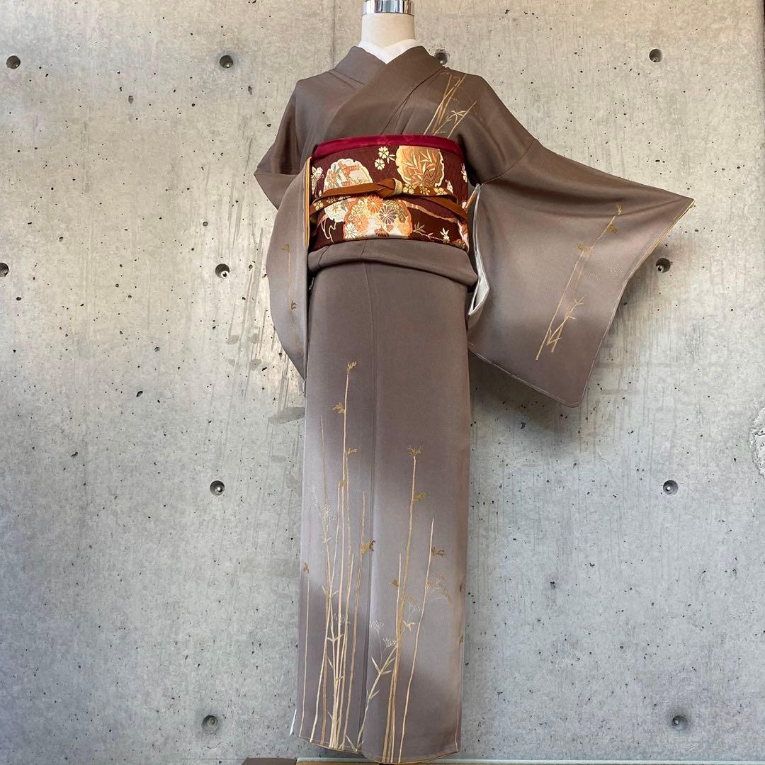 正絹　訪問着　ちりめん　茶色系　袷