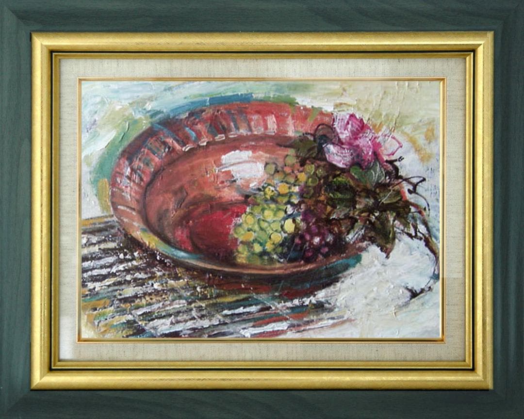 油絵 菅家令子 絵画インテリア額付(青緑＋金色の枠) F4-110502フルーツ