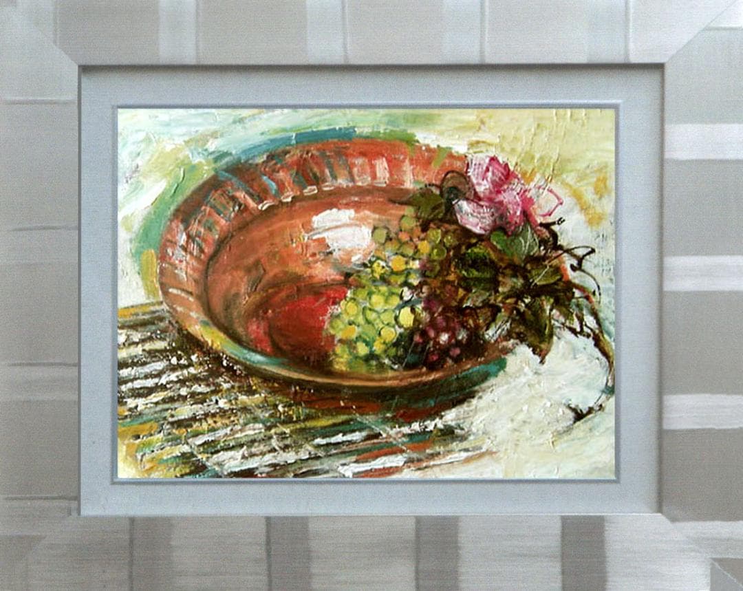 油絵 菅家令子 絵画インテリア額付(青緑＋金色の枠) F4-110502フルーツ