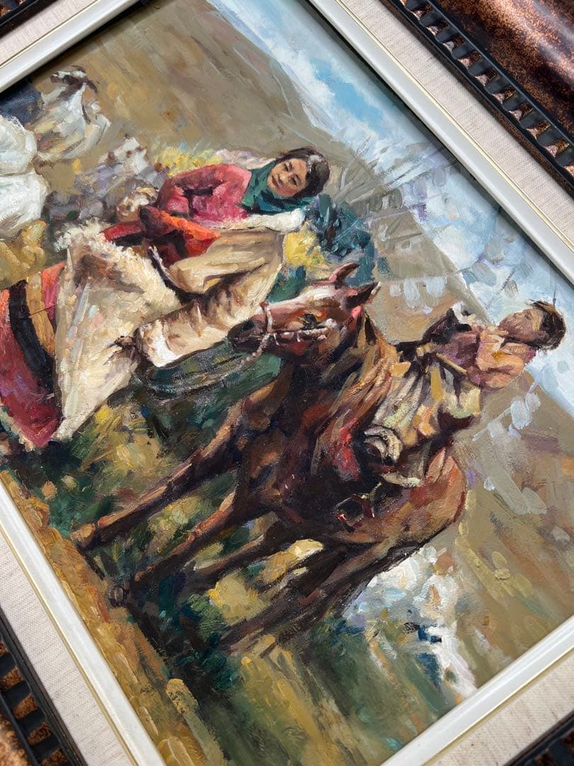 Liu Yong 油彩画 チベット　伝統的な衣装の人物と馬