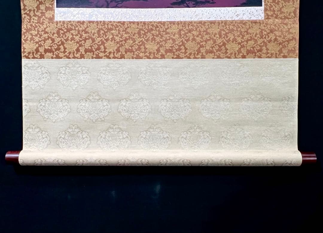 真作 増田春光 赤富士飛鶴 掛軸 絹本 共箱 タトウ