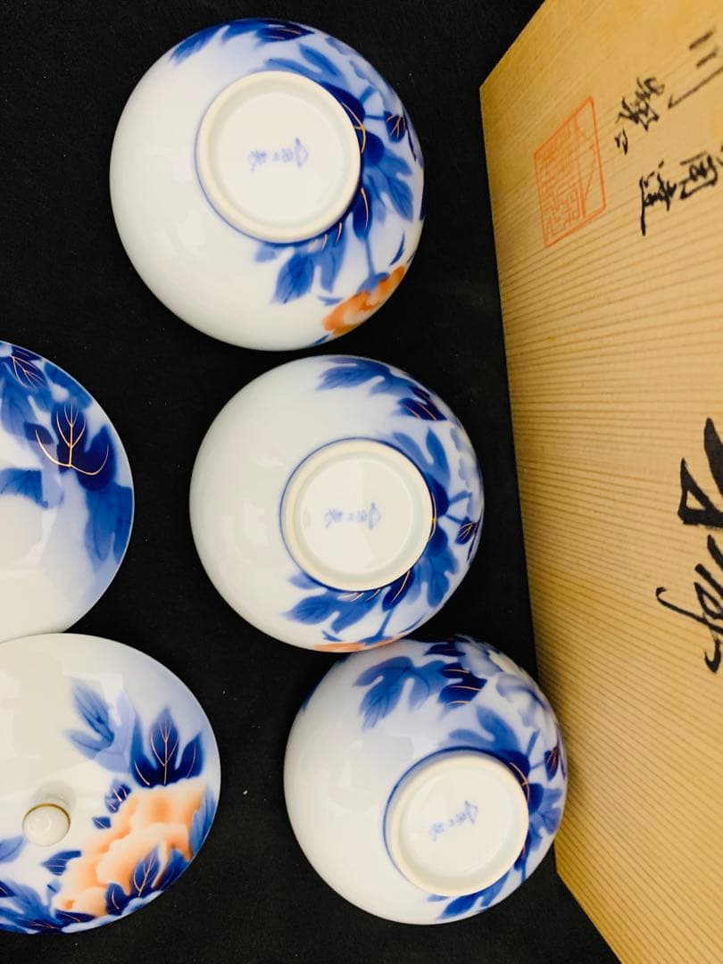 深川製　茶器揃　有田焼　急須　蓋付湯呑み5客　共箱付き