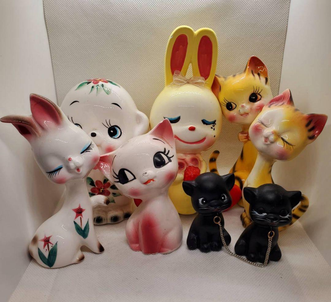 昭和レトロ 陶器 猫 うさぎ 置物 可愛いセット Retro Kawaii