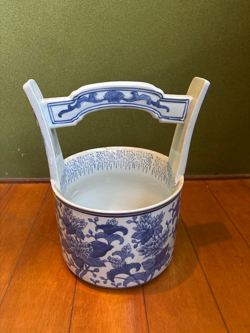 染付 手桶形 花器 底部銘あり 昭和期 華道具 花入 陶磁器