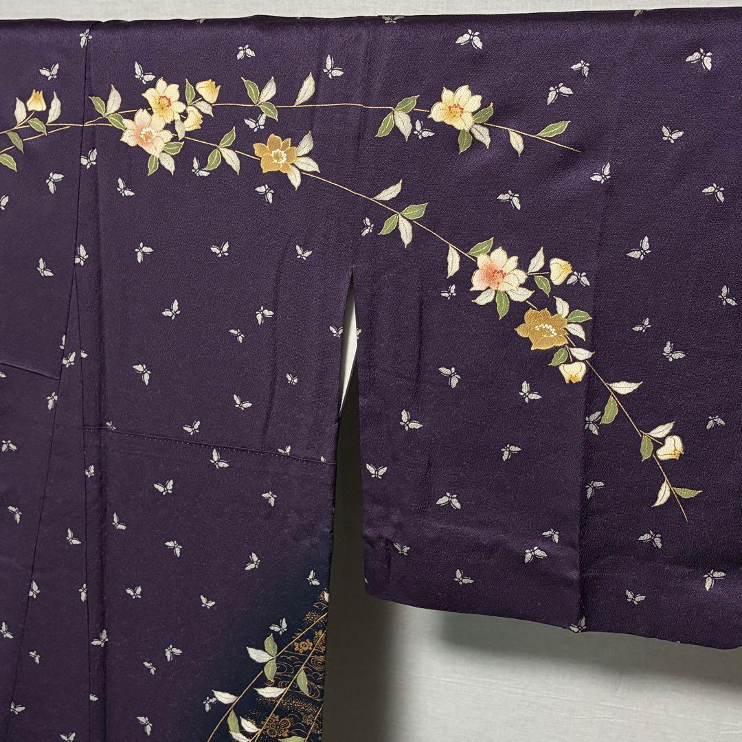 D88 訪問着 花模様 蝶々 流水 金彩 正絹 着物 袷 極美品