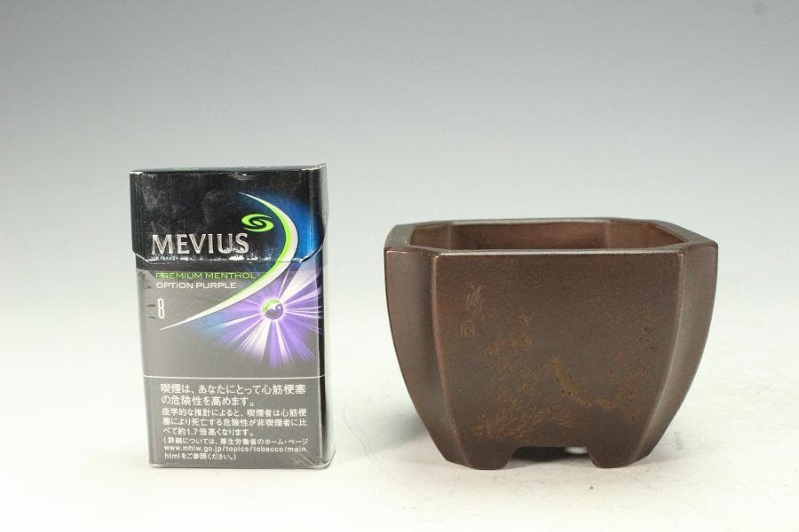 中国美術 朱泥 刻梅 文字 花盆 骨董品(K-LC976)