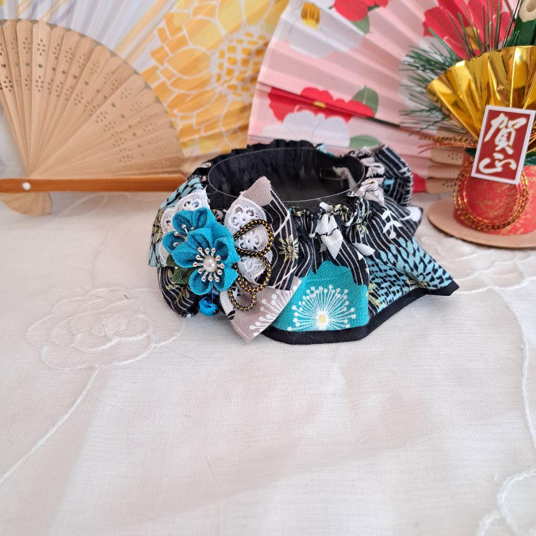 幅広シュシュ、和風妻み細工(黒×エメラルド)わんちゃん猫ちゃん用