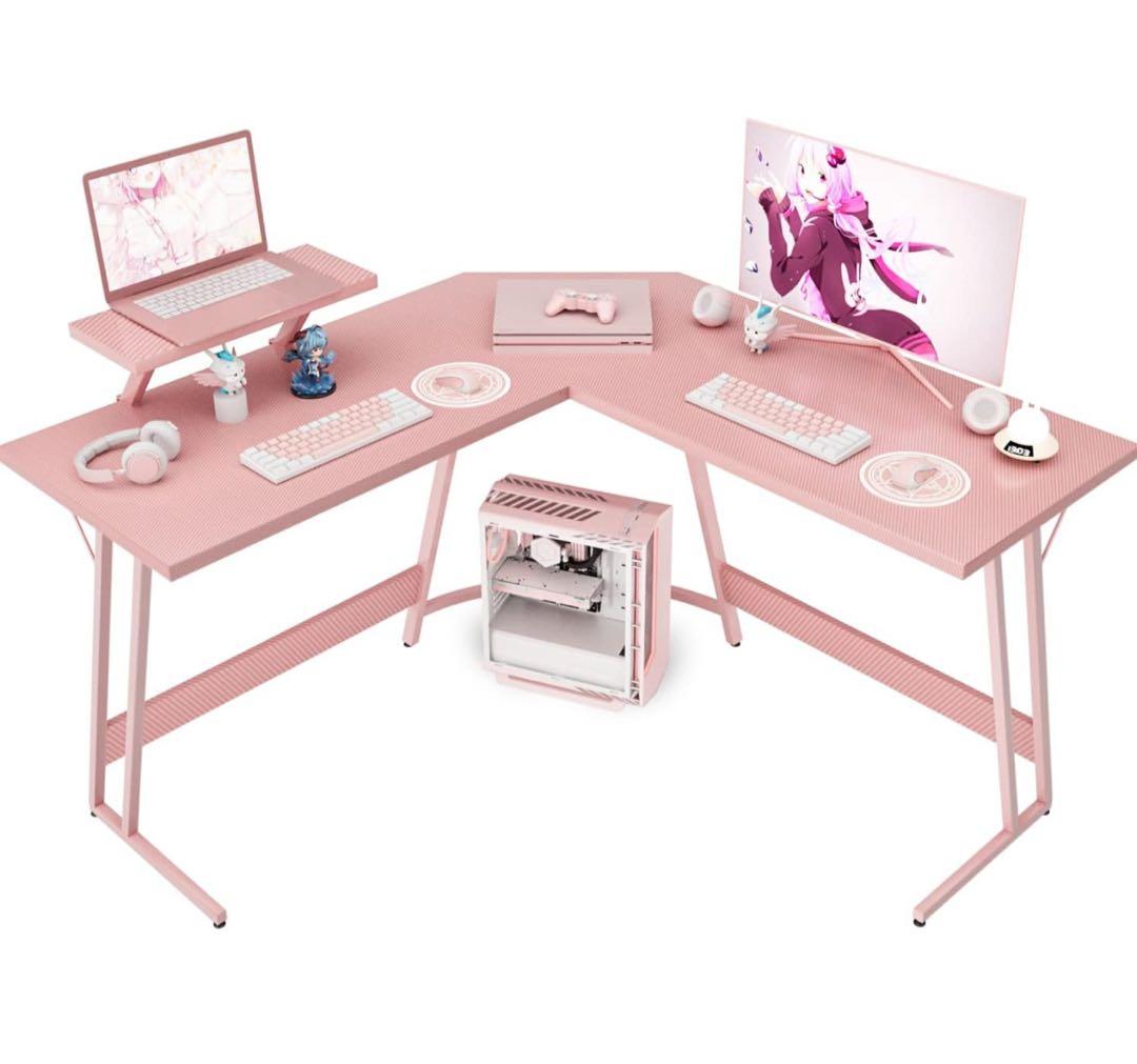 未開封 ゲーミングデスク l字 ピンク モニター台付き PCデスク