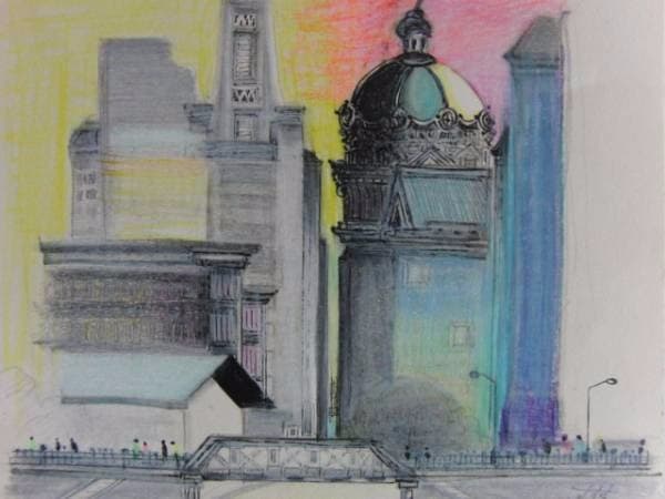 関口進、『県立博物館と橋』、原画、証明書付、送料無料