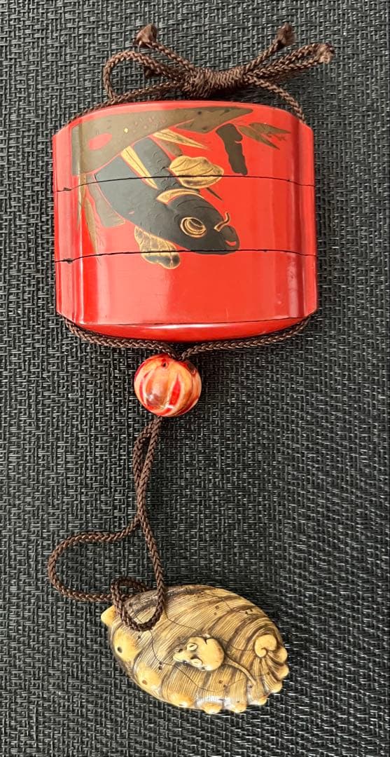 時代物 印籠 根付 蒔絵 三段 鯉 鼠 アンティーク 収納袋付 江戸-明治