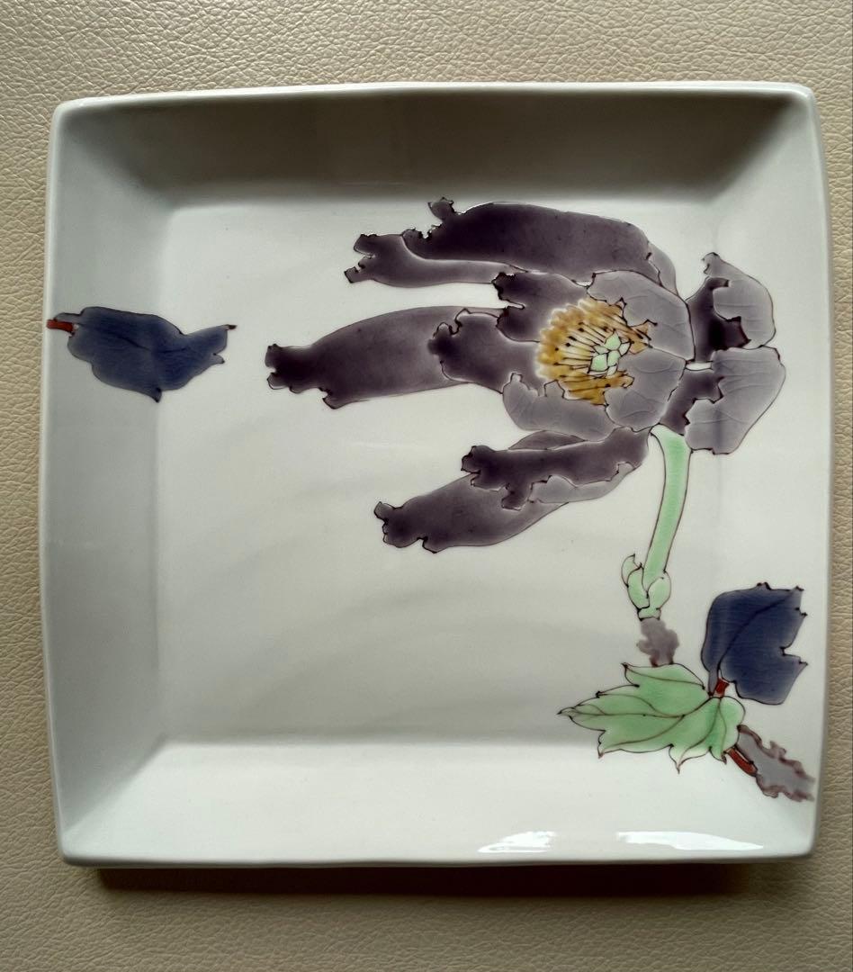 九谷焼　武腰潤　富貴図　牡丹　花絵　板皿　共箱