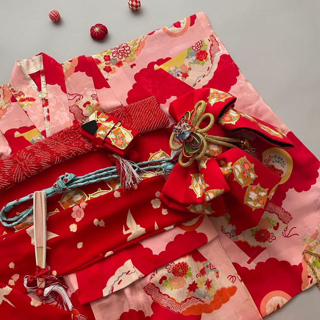 七五三　アンティークお着物セット　３歳〜　作り帯コーデ　髪飾り付き