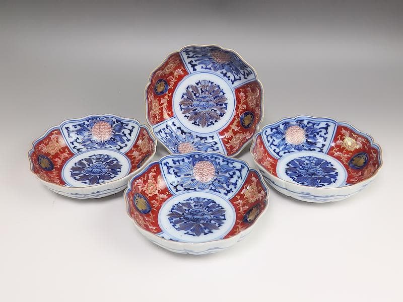 大聖寺伊万里 　染錦　牡丹に巻物の図　膾皿　４客　C135A- ALg