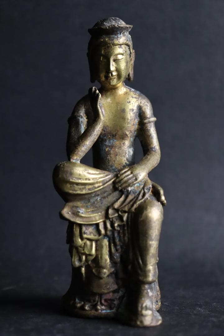 朝鮮仏教美術 銅製鍍金 弥勒菩薩半跏思惟像 11.5㎝ 時代古玩
