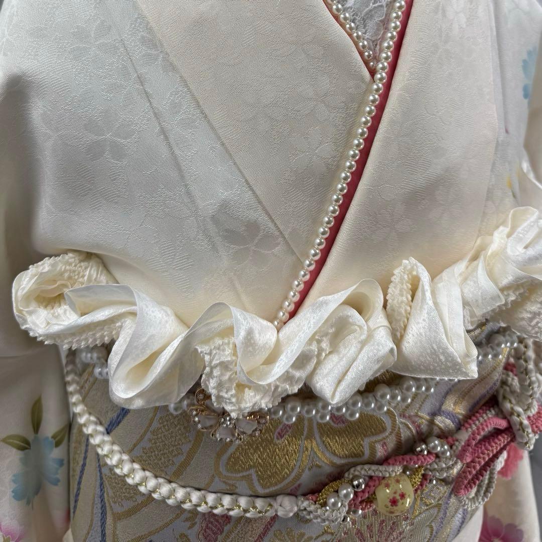 京都きもの友禅　豪華振袖8点フルセット　正絹 　成人式　お正月　パーティ　白地