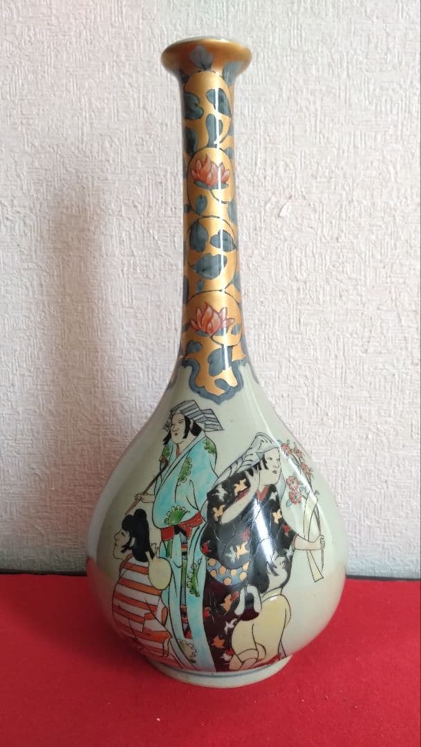 円左エ門　鶴首瓶　花瓶　有田焼　古伊万里　染錦