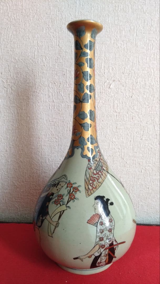 円左エ門　鶴首瓶　花瓶　有田焼　古伊万里　染錦