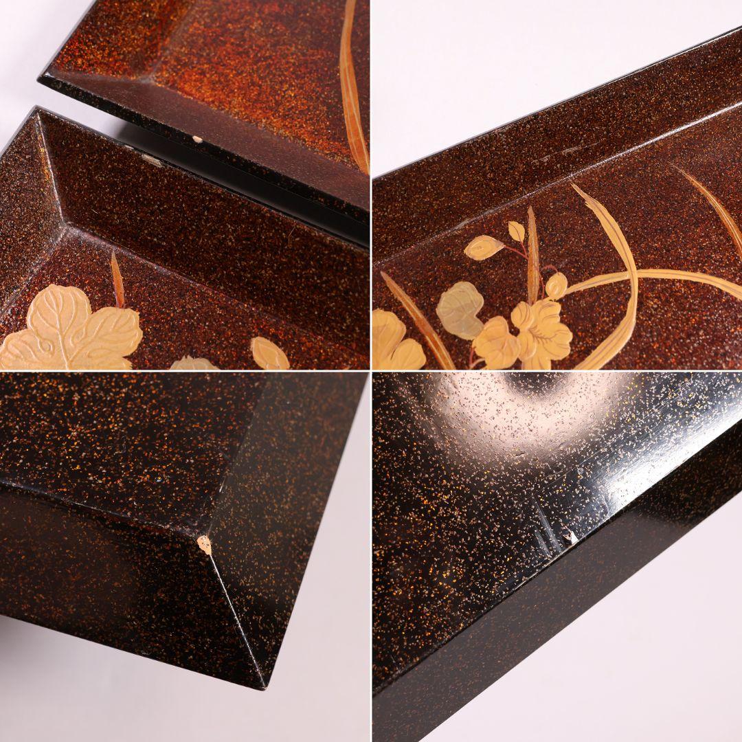 【MB46】時代 梨地吸物膳 十客 月と草花蒔絵 秋草 四方膳 卓上 折敷 木製