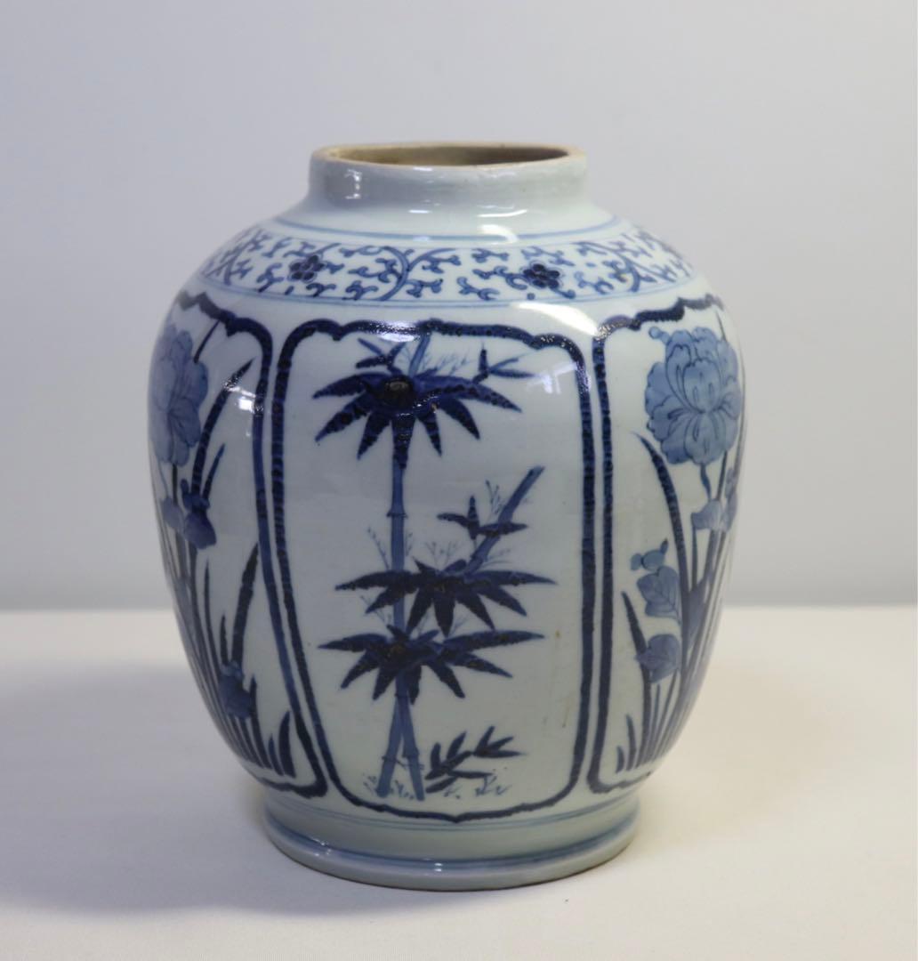 時代　染付壺　竹&菖蒲紋　送料込み0915