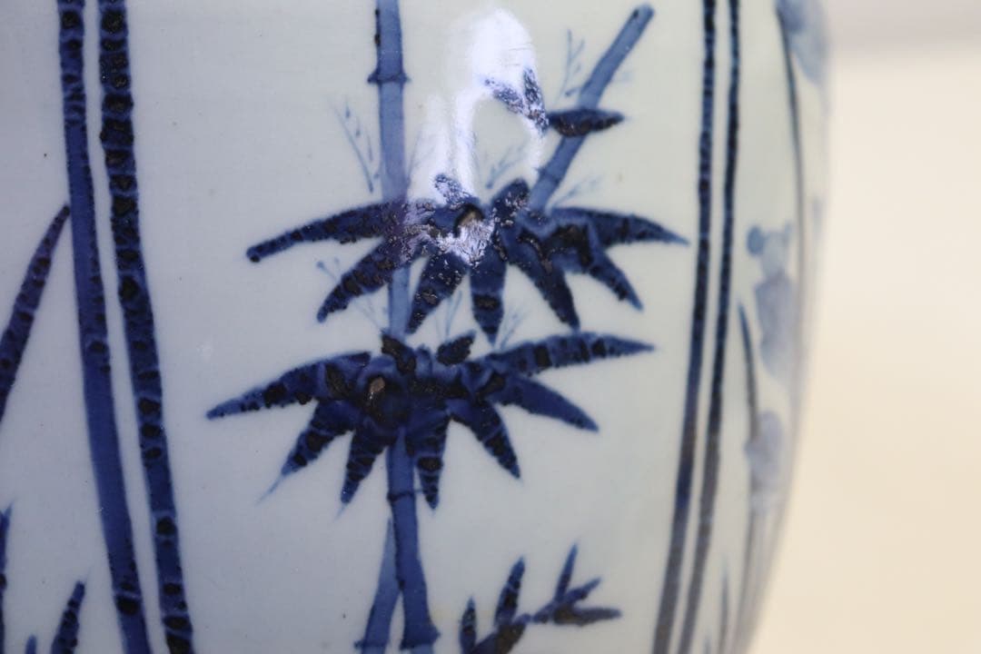 時代　染付壺　竹&菖蒲紋　送料込み0915