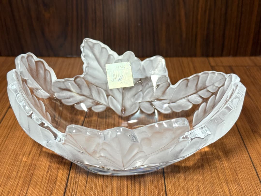 【美品】Lalique ラリック クリスタル ボウル リーフ 彫刻 シール付