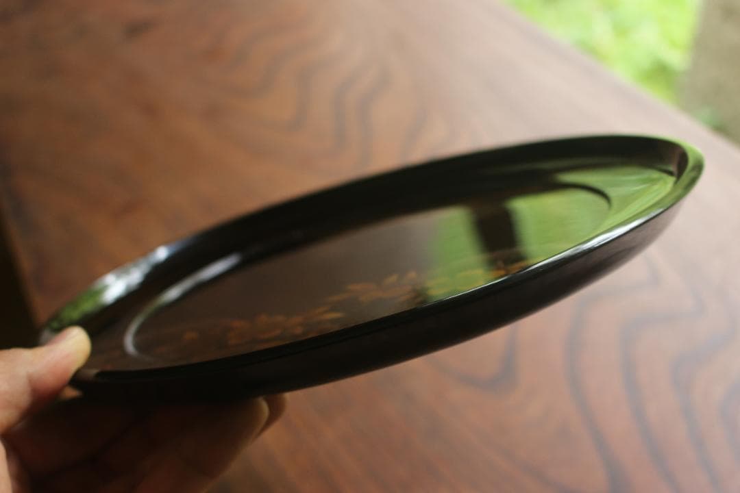 時代逸品！時代黒漆に極上研ぎ出し雪月花蒔絵の映える丸盆（検輪島塗お膳お盆菓子盆