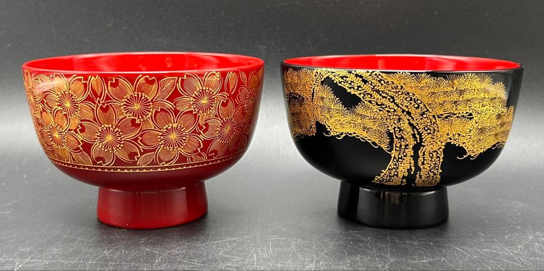 【希少品】沈金　川連漆器　お椀　大関 廣　雅号・廣道　桜　松　赤　黒　名入り