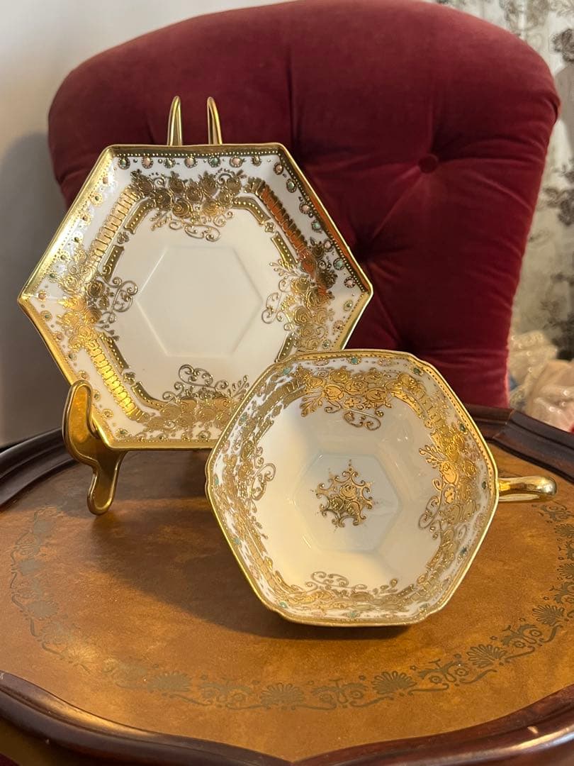 極美品　金盛り　ジュエル　六角形カップソーサー　オールドノリタケ　RCマーク