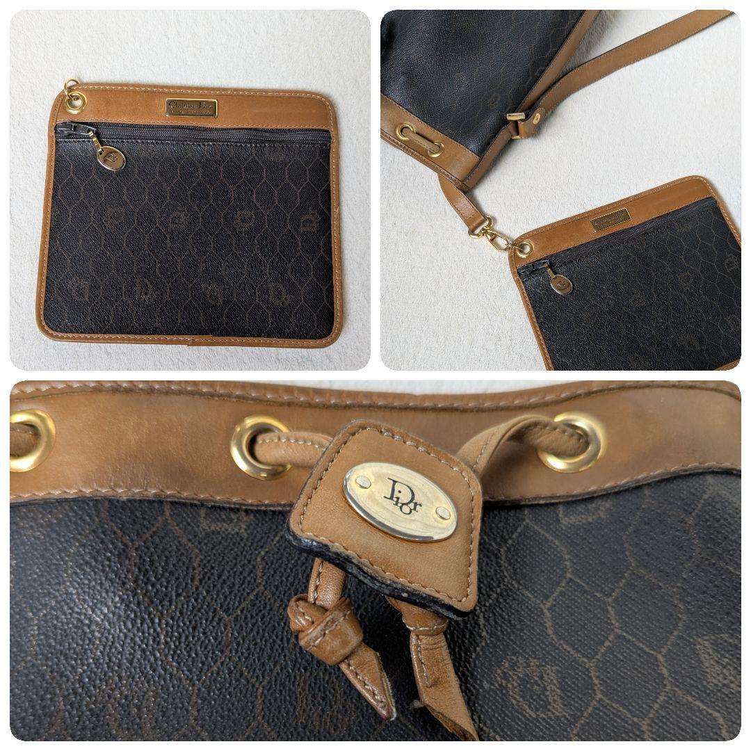 クリスチャンディオール 巾着 ショルダーバッグ ハニカム レザー ポーチ付き