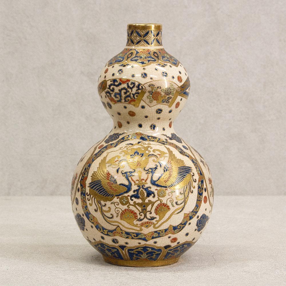 ※あかおかずき　薩摩焼 丸十字 薩摩 明治期 瓢箪型金彩鳳凰文 花瓶