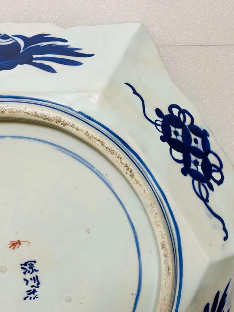 明治初期 香蘭社 色絵褐地藤絵人物文 ブラックホーソン六角大皿