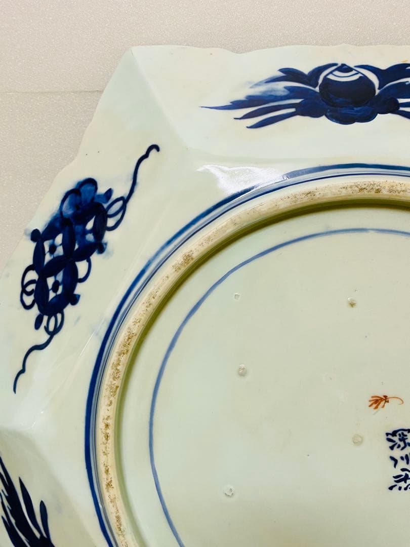 明治初期 香蘭社 色絵褐地藤絵人物文 ブラックホーソン六角大皿