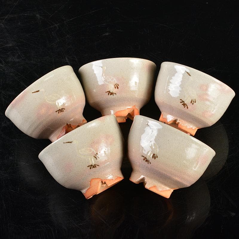 古曽部焼　高槻古曽部　寒川義崇造　立鷺　汲出茶碗　五客　共箱　M　R5724