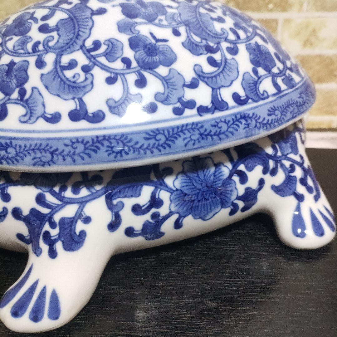 陶器製 染付 唐草 亀 タートル 親子 蓋物 小物入れ 大型サイズ